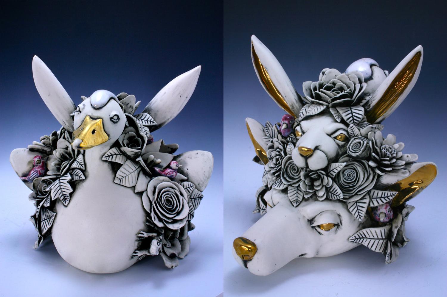 Ceramic Sculpture of goose rabbit fox and flower animals by artist 